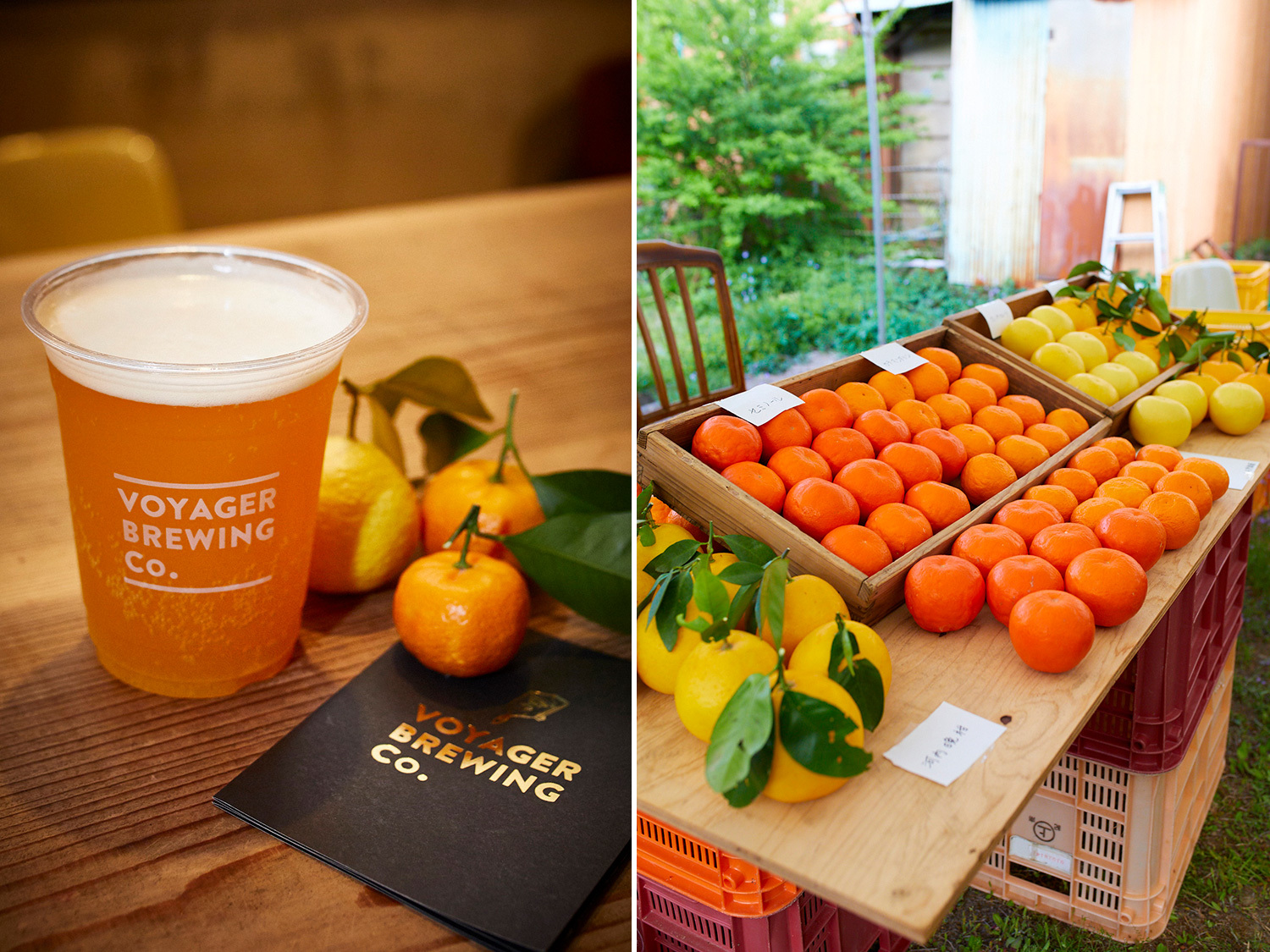 左／『Voyager Brewing』も『紀州 原農園』の柑橘とコラボしてつくった、ビアカクテル「TANABE BITTER ORANGE」を振る舞った。右／店外では料理に使った農作物の販売も。