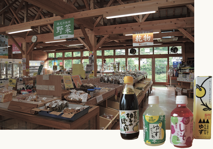 町内にあ る野菜や加工品の直売所『本山さくら市』や、 ゆず・しその加工品販売とカフェの『SORA』 を訪れてさらに地元の魅力発見!