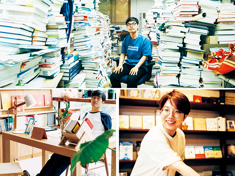 上／韓国のネット書店『アラジン』を運営するパク・テグンさん。右下／ブック・コーディネーターのジョン・ジヘさん。自ら本屋もオープン（現在は休業中）。左下／詩集の専門書店を経営するユ・ヒギョンさん。自身も詩人だという。