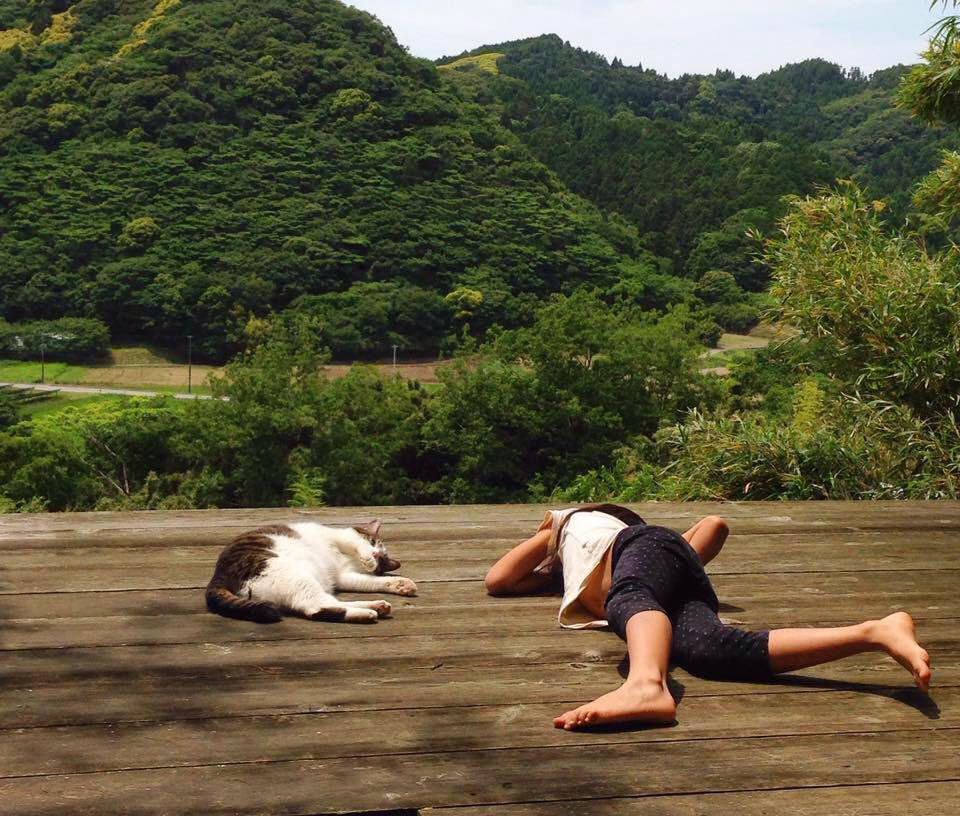 ウッドデッキで日向ぼっこをする猫と次女